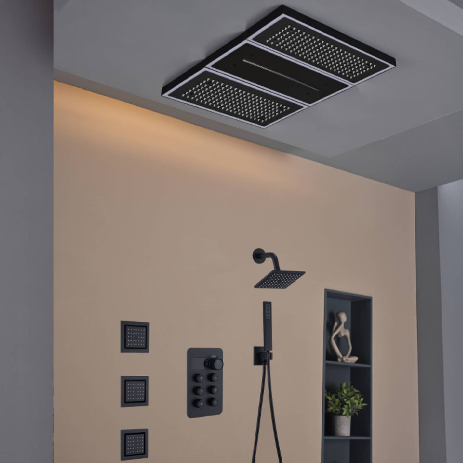 Flush Mount 24 X 16 inch or 48 x 8 inch Rainfall Waterfall 64 LED Light Shower Head with 6-Way Thermostatic Faucet, Body Jets, and High-Pressure Wall Mount Head