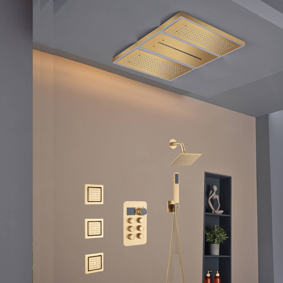 Flush Mount 24 X 16 inch or 48 x 8 inch Rainfall Waterfall 64 LED Light Shower Head with 6-Way Thermostatic Faucet, Body Jets, and High-Pressure Wall Mount Head