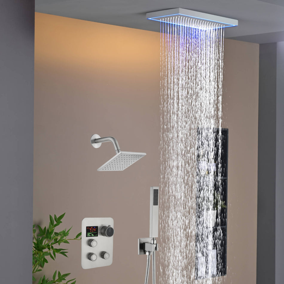 Matte Black or Brushed Gold or Brushed Nickel 16 x 8 inch rainfall Flush mount  Shower Head 3-Way Thermostatic Shower Faucet with 6'' regular head