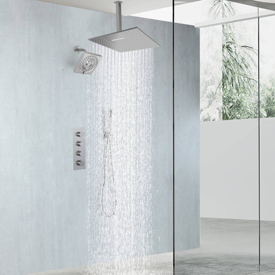 Brushed Nickel Rainfall Shower Head System: Available in 12'' or 16'', Optional LED Light, High Pressure, 3-Way Thermostatic Faucet, Simultaneous or Separate Functionality, with Optional Digital Display