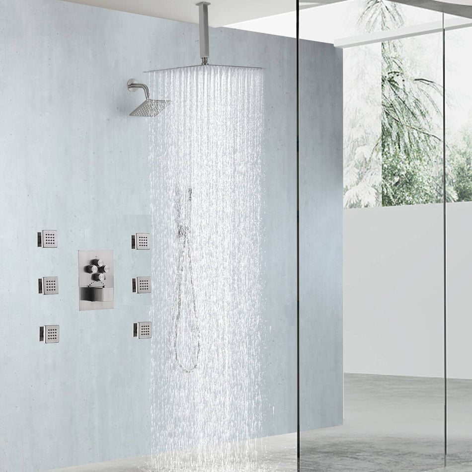 Brushed nickel rainfall shower head high pressure shower head 4 way thermostatic valve shower heads systems each function work at the same time and separately