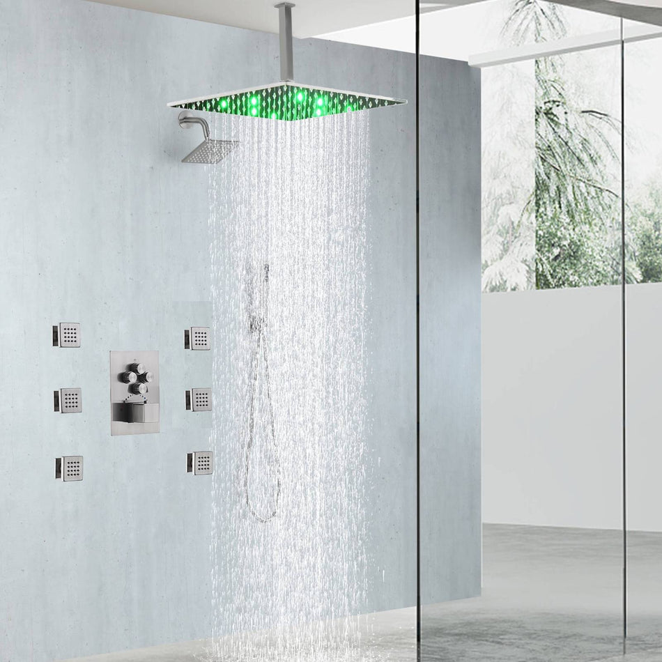 Brushed nickel rainfall shower head high pressure shower head 4 way thermostatic valve shower heads systems each function work at the same time and separately