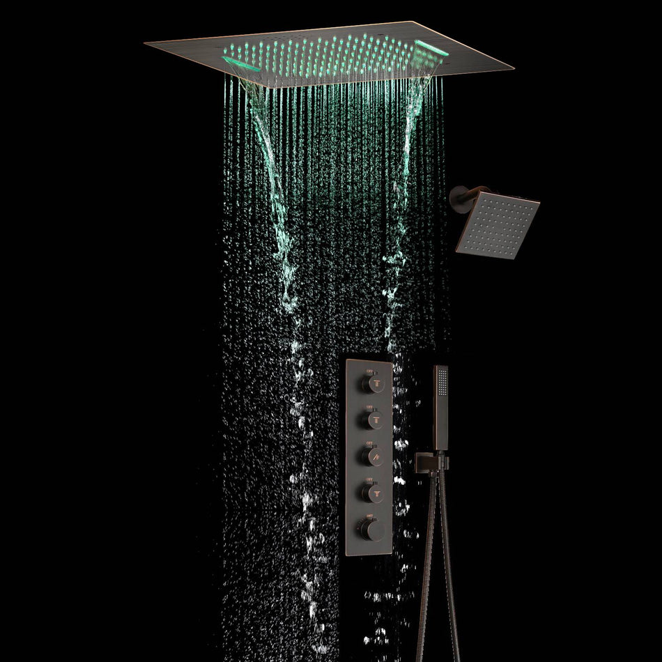 Oil Rubbed Bronze Flush Mount 20-Inch 64 LED Bluetooth Music Rainfall Waterfall Shower Head with 4-Way Thermostatic System and High Water Pressure Wall Mount Shower Head