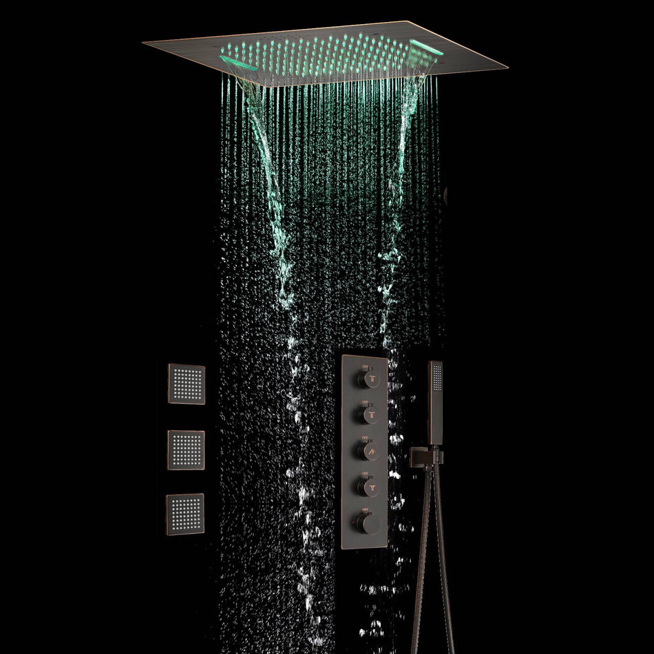 Oil Rubbed Bronze Flush Mount 20-Inch 64 LED Light Bluetooth Music Rainfall Waterfall Shower Head with 4-Way Thermostatic System, Body Jets