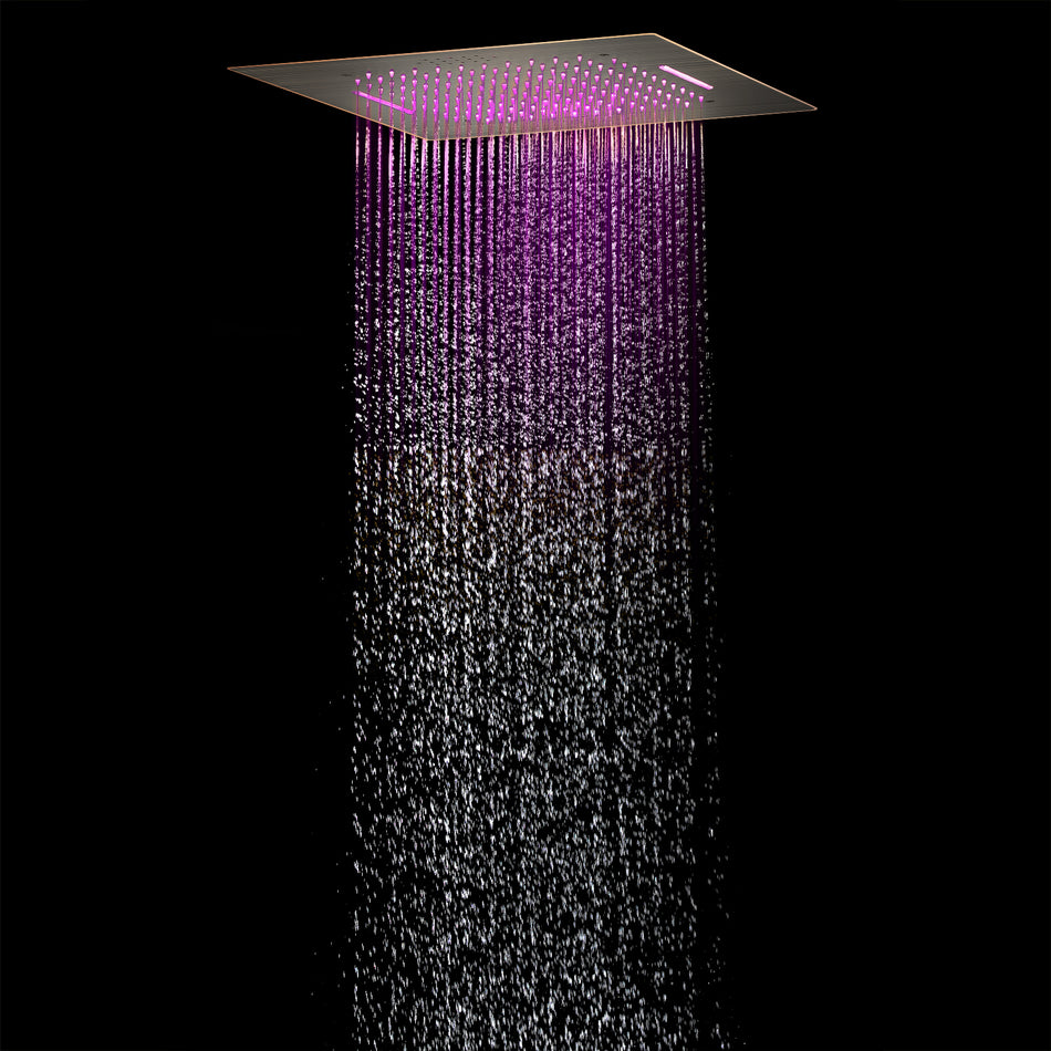 Oil Rubbed Bronze Flush Mount 20-Inch 64 LED Light Bluetooth Music Rainfall Waterfall Shower Head with 4-Way Thermostatic System, Body Jets