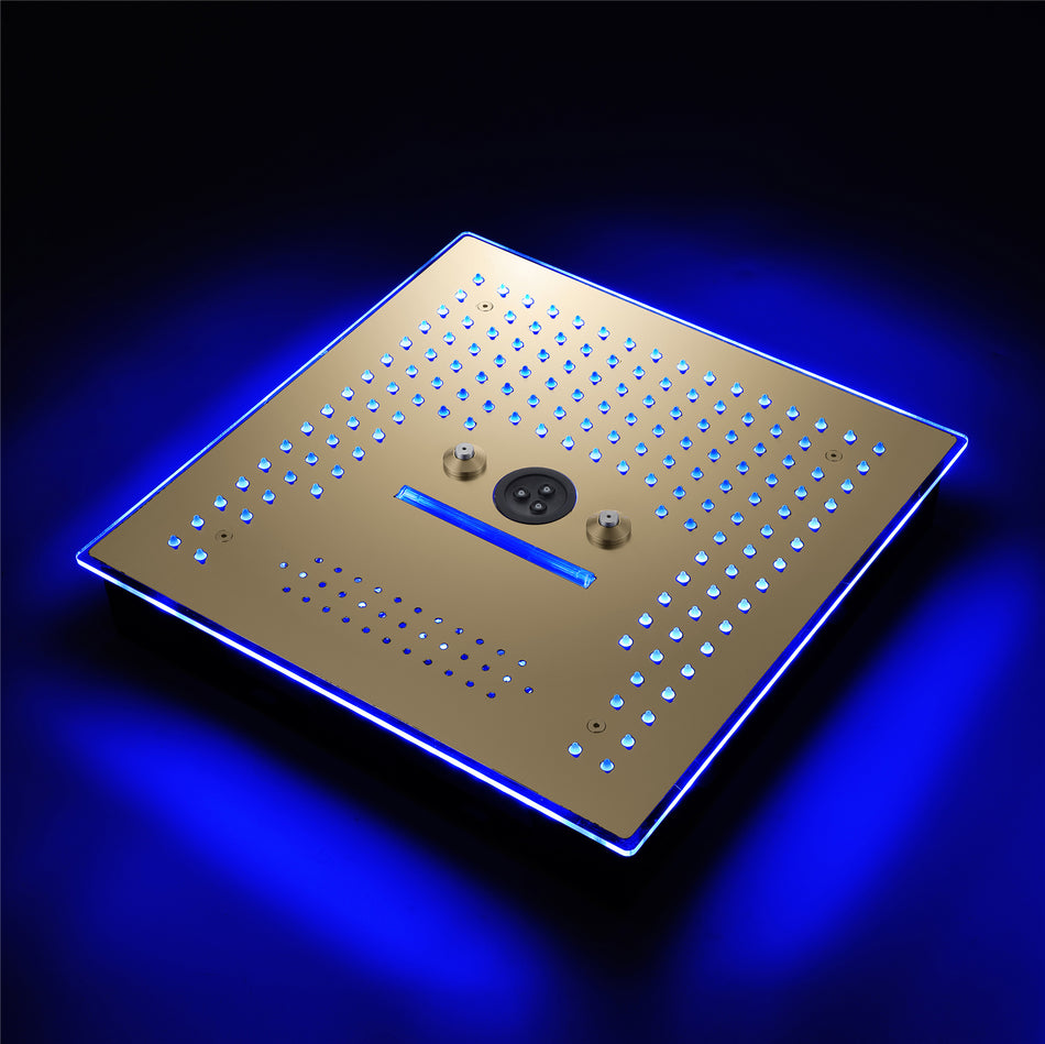 Flushed Mounted Brushed Gold 16'' x 16'' Shower Head: Featuring 64 LED Lights, Music, Rainfall, Waterfall, Mist, 360 Degrees Rotation, and Hydro Jet Technology