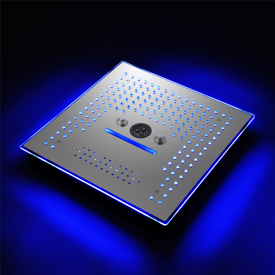 Flushed Mounted Brushed Nickel 16'' x 16'' Shower Head: Featuring 64 LED Lights, Music, Rainfall, Waterfall, Mist, 360 Degrees Rotation, and Hydro Jet Technology