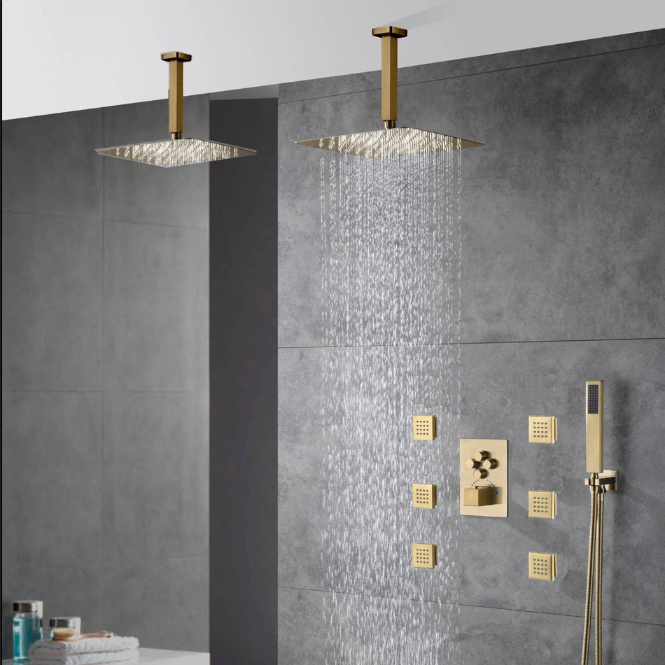 Brushed Gold 4-Way Thermostatic Shower Faucet System: Choose 12'' or 16'' Dual Ceiling Mount Shower Heads, with Body Jets and Both Simultaneous and Separate Functionality