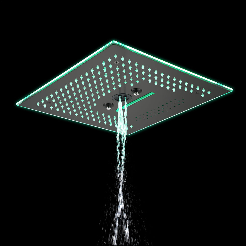 Flushed Mounted Matte Black 16'' x 16'' Shower Head: Featuring 64 LED Lights, Music, Rainfall, Waterfall, Mist, 360 Degrees Rotation, and Hydro Jet Technology