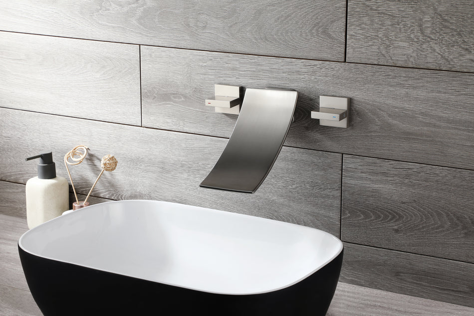 Brushed Nickel Wall Mount Waterfall Bathroom Sink Faucet with Overflow Brass Pop-Up Drain