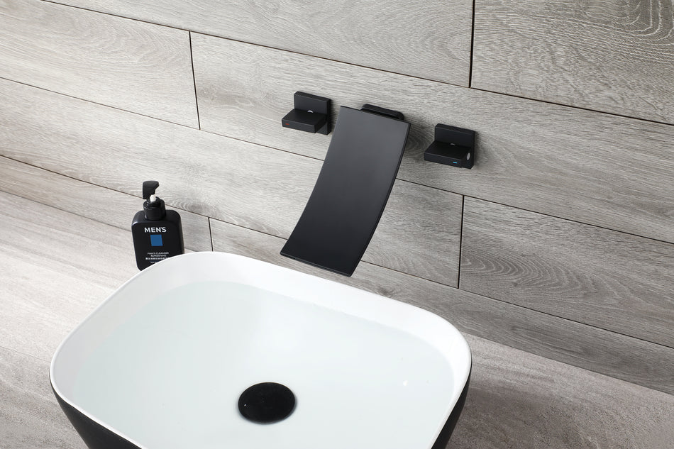 Matte Black Wall Mount Waterfall Bathroom Sink Faucet with Overflow Brass Pop-Up Drain