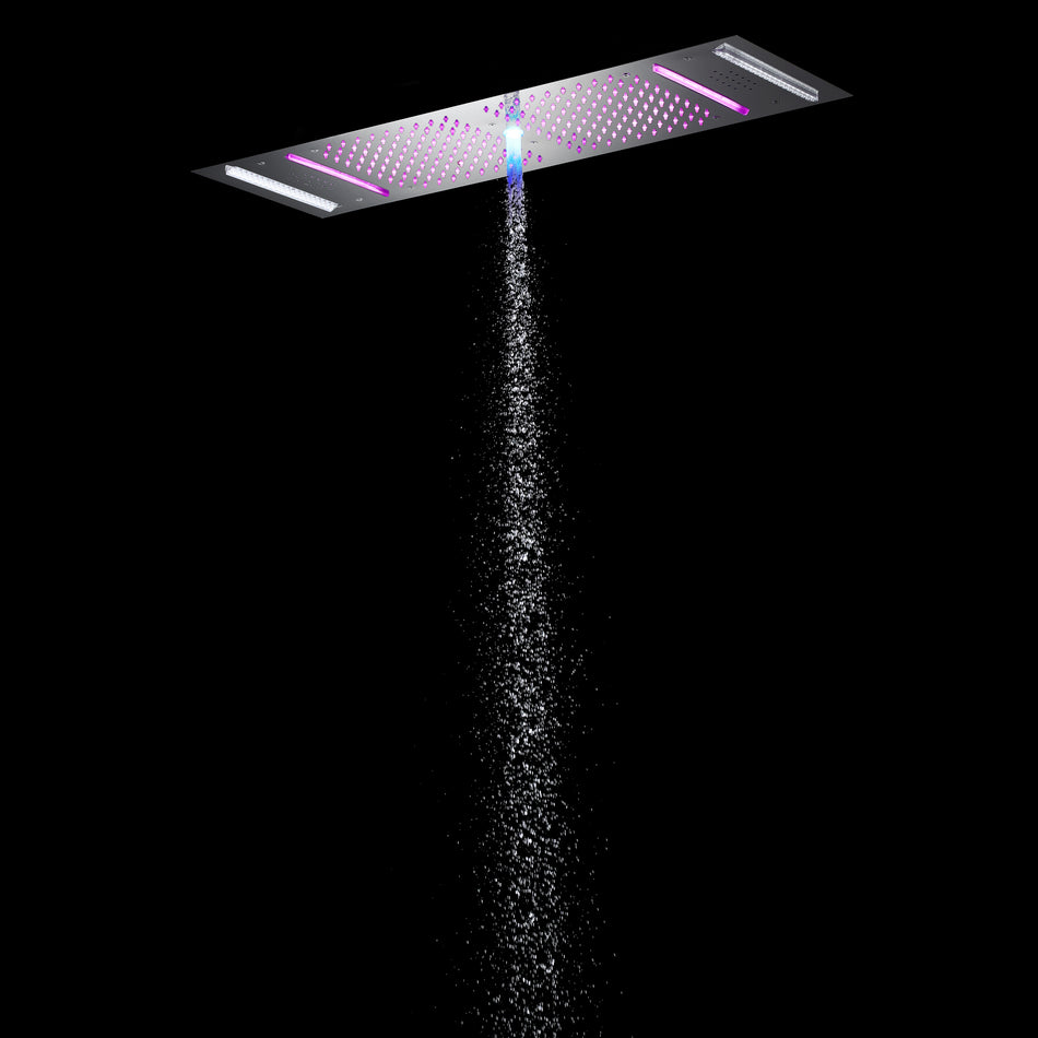 Brushed Nickel or brushed gold or matte black 36-Inch Rainfall Waterfall Water Column 4 functions Shower Head with Bluetooth Music and 64 LED Lights