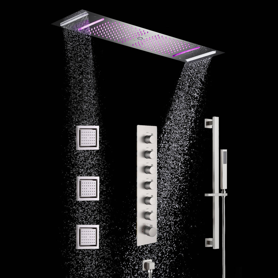 64 LED colors music led flushed in 36x12 inch 4 functions shower head 6 way thermostatic shower faucet with flush 4 inch body jets