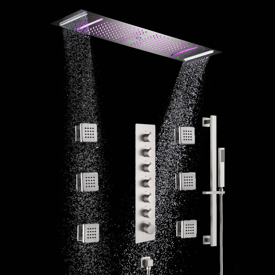 64 LED colors music led flushed in 36x12 inch 4 functions shower head 6 way thermostatic shower faucet with flush 4 inch body jets