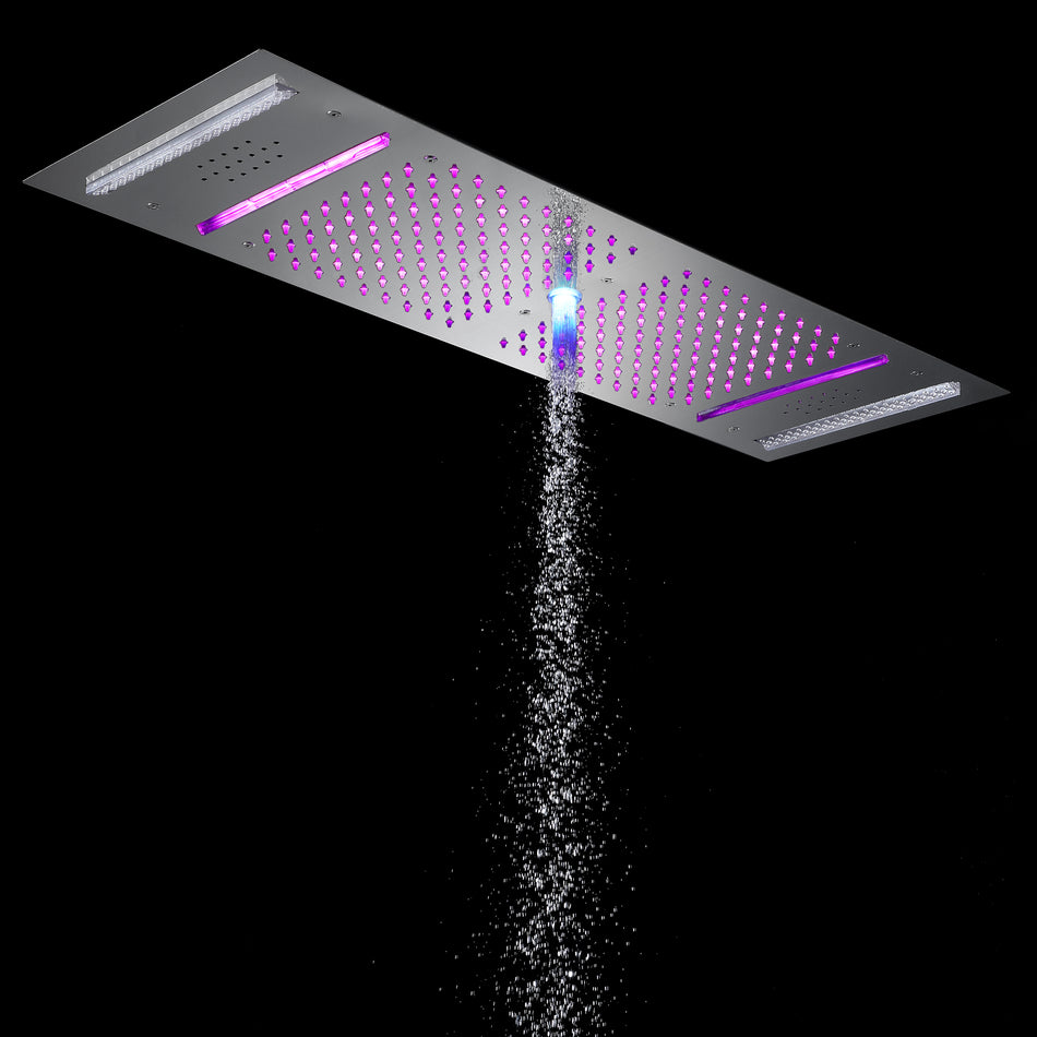 Brushed Nickel or brushed gold or matte black 36-Inch Rainfall Waterfall Water Column 4 functions Shower Head with Bluetooth Music and 64 LED Lights