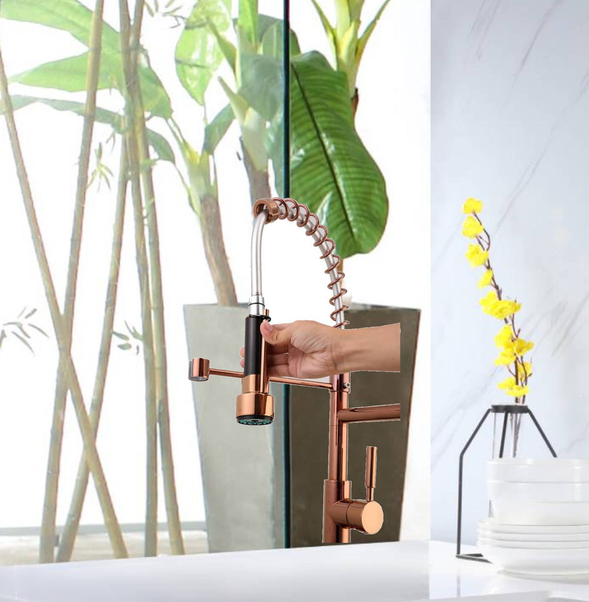 Rose Gold High Arc brass Kitchen Sink Faucet Pull Down Spray with lock ring and deck plate - wonderland shower inc