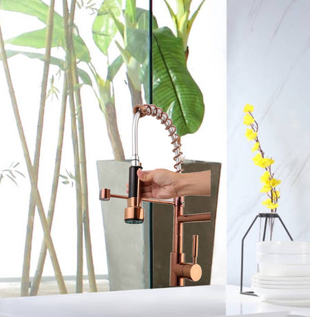 Rose Gold High Arc brass Kitchen Sink Faucet Pull Down Spray with lock ring and deck plate - wonderland shower inc