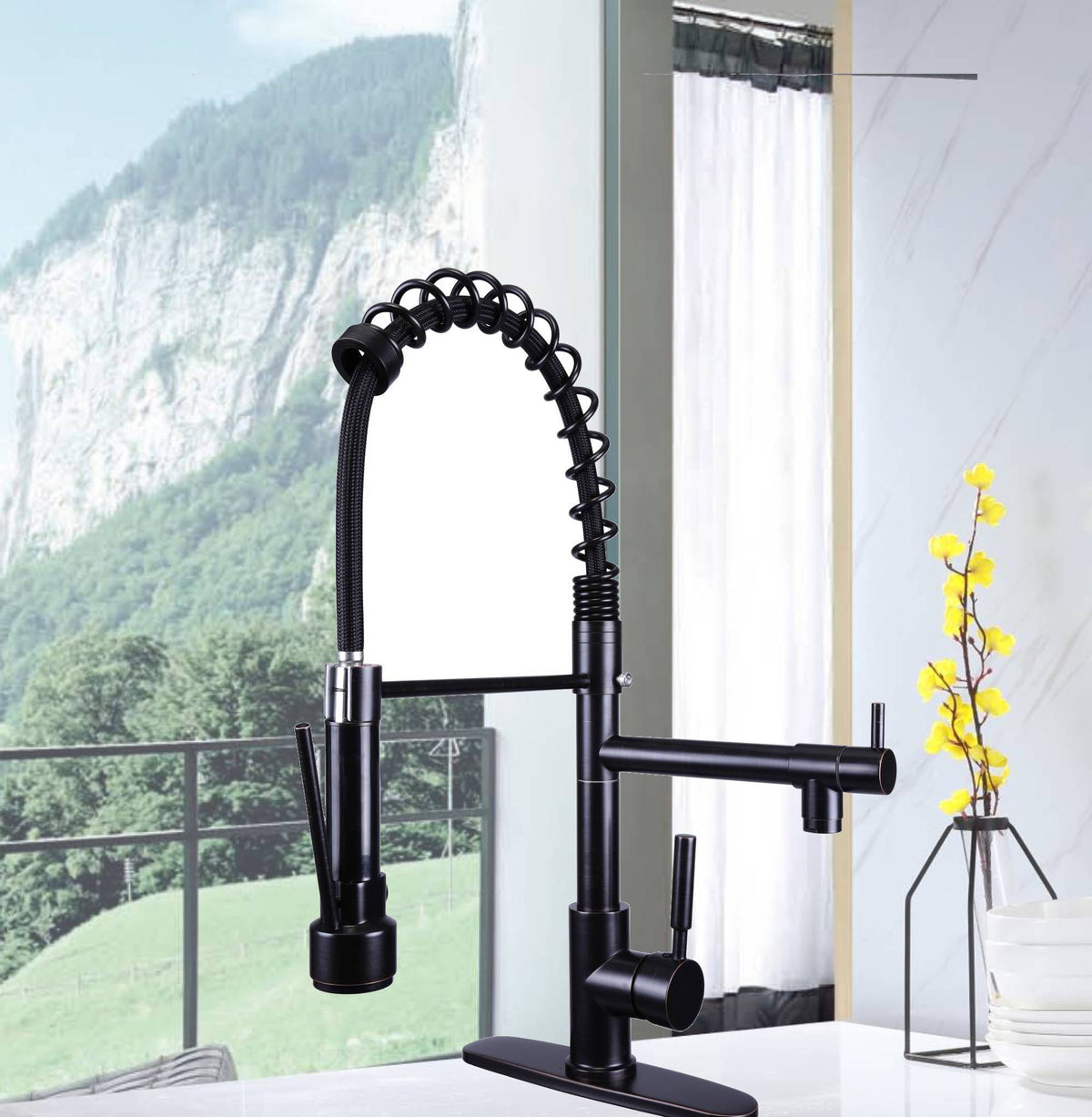 Oil Bronze Black High Arc brass Kitchen Sink Faucet Pull Down metal Spray with deck plate - wonderland shower inc