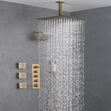 Brushed Gold 16-Inch Rainfall Ceiling Mount Shower Head with 4-Way Thermostatic Faucet, Body Jets, and High-Pressure Wall Mount Head