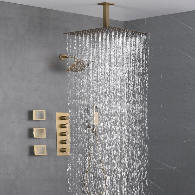 Brushed Gold 16-Inch Rainfall Ceiling Mount Shower Head with 4-Way The ...