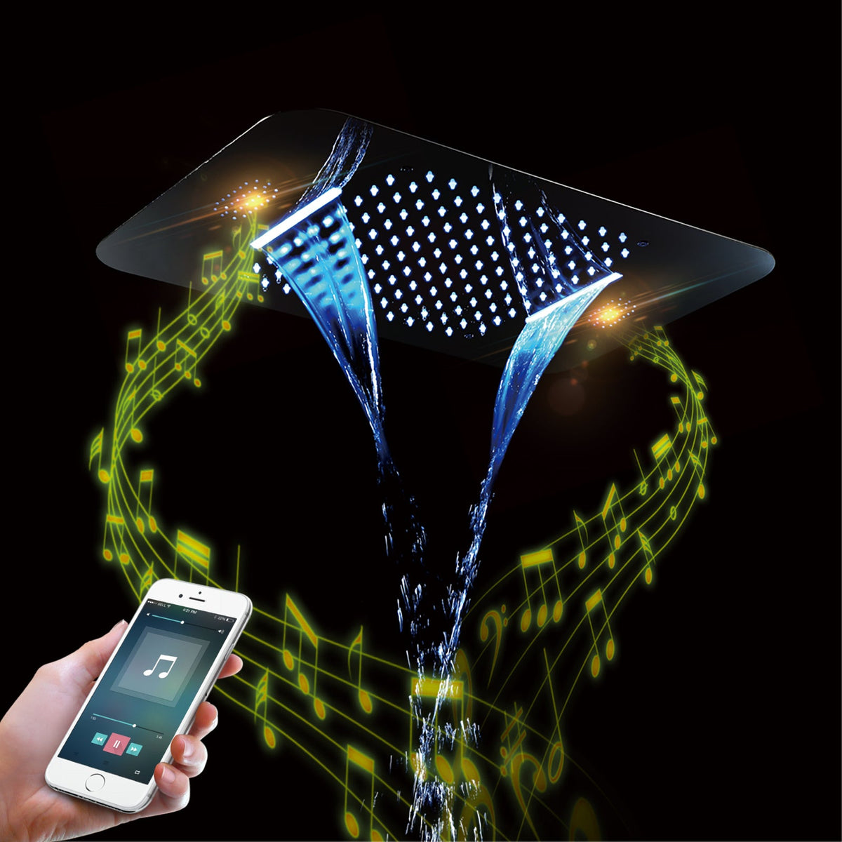 64 LED colors chrome music led flushed in 23x15inch shower head 4 way thermostatic valve that each function run at the same time and separately - wonderland shower inc