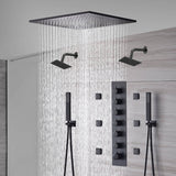 20-Inch or 24-Inch Matte Black Flush Mount Rainfall Shower System: Complete with 6-Way Thermostatic Valve and 6 Body Jets and Dual Regular Heads