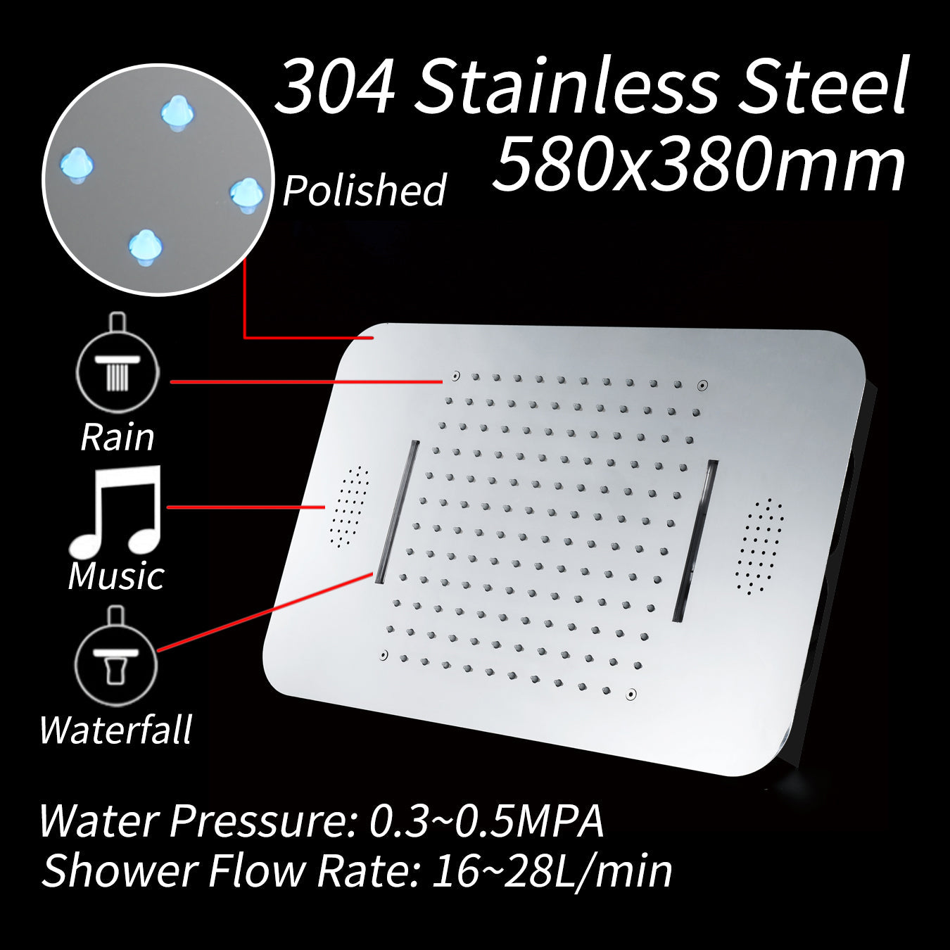 64 LED colors chrome music led flushed in 23x15inch shower head 4 way thermostatic valve that each function run at the same time and separately - wonderland shower inc
