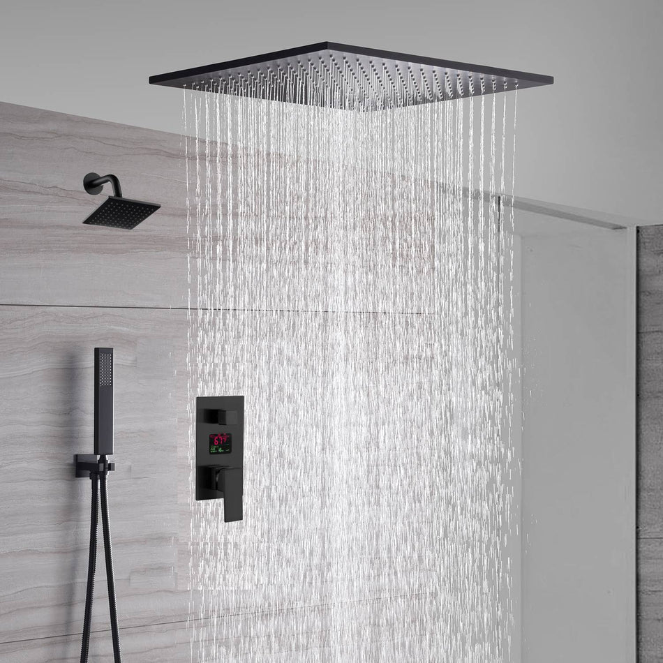 Matte Black 20-Inch or 24-Inch Ceiling Mount Rainfall Shower System with 3-Way Digital Regular Rough-In Valve and Wall Mount 6-Inch High Water Pressure Brass Shower Head
