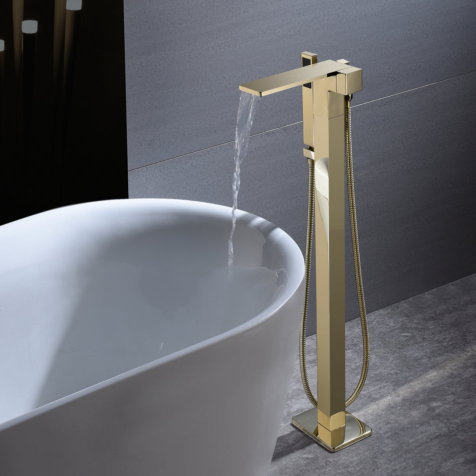 Waterfall Brushed Gold Finish Single Handle Floor Mount Freestanding Tub Filler Faucet with Hand Shower