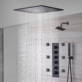 20-Inch or 24-Inch Matte Black Flush or Ceiling Mount Rainfall Waterfall Shower System: Complete with 5-Way Thermostatic Valve and 6 Body Jets and Regular Head