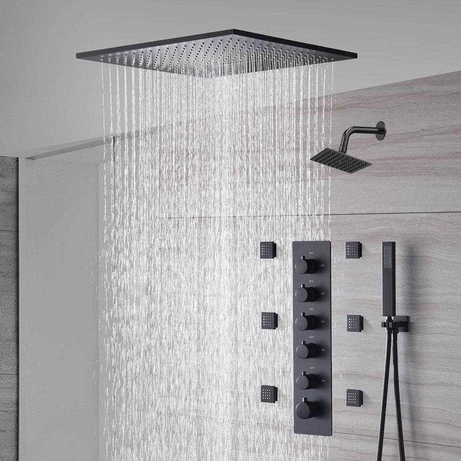20-Inch  Ceiling Mount Rainfall Waterfall Shower System: Complete with 5-Way Thermostatic Valve and 6 Body Jets and Regular Head