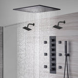 20-Inch or 24-Inch Matte Black Flush or Ceiling Mount Rainfall Waterfall Shower System: Complete with 6-Way Thermostatic Valve and 6 Body Jets and Dual Regular Head