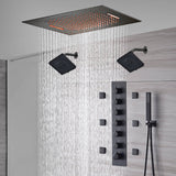 20-Inch or 24-Inch Matte Black Flush or Ceiling Mount Rainfall Waterfall Shower System: Complete with 6-Way Thermostatic Valve and 6 Body Jets and Dual Regular Head