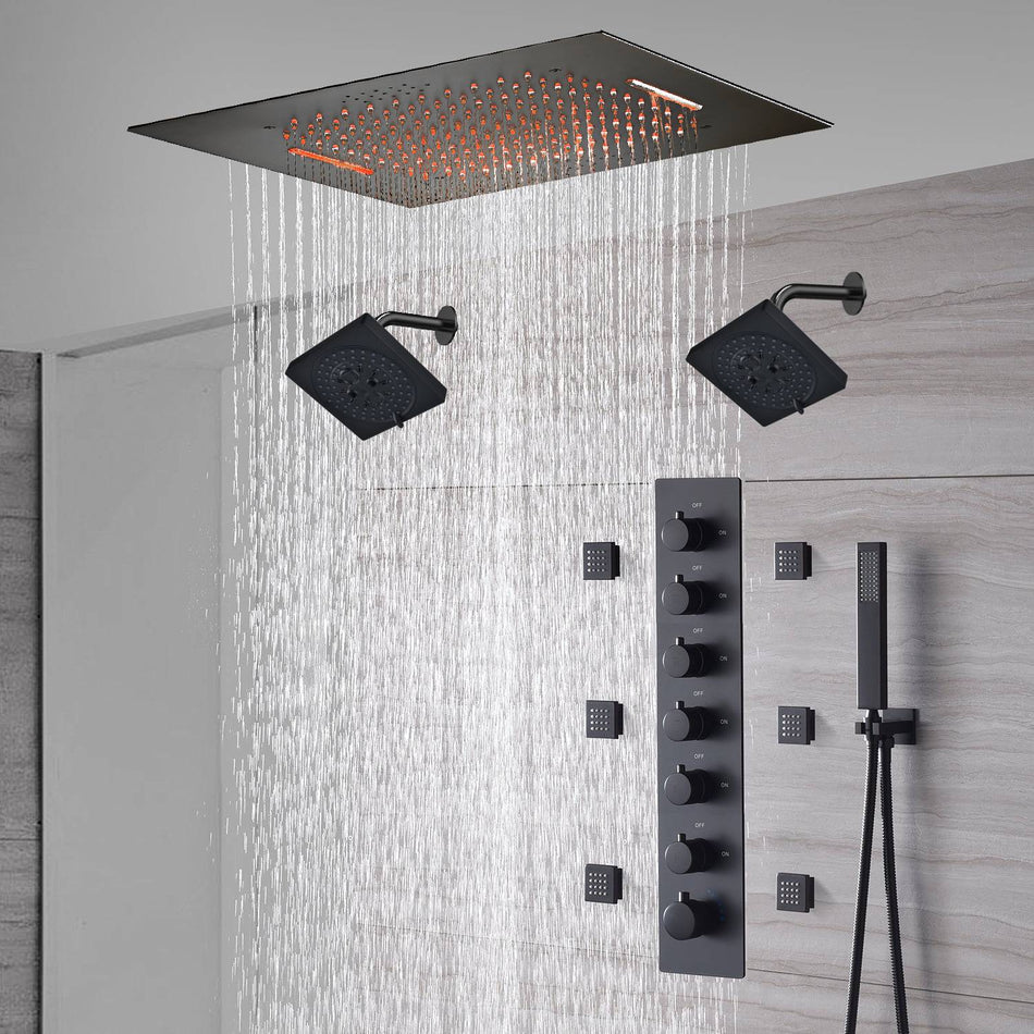 20-Inch or 24-Inch Matte Black Flush or Ceiling Mount Rainfall Waterfall Shower System: Complete with 6-Way Thermostatic Valve and 6 Body Jets and Dual Regular Head