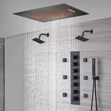 20-Inch or 24-Inch Matte Black Flush or Ceiling Mount Rainfall Waterfall Shower System: Complete with 6-Way Thermostatic Valve and 6 Body Jets and Dual Regular Head