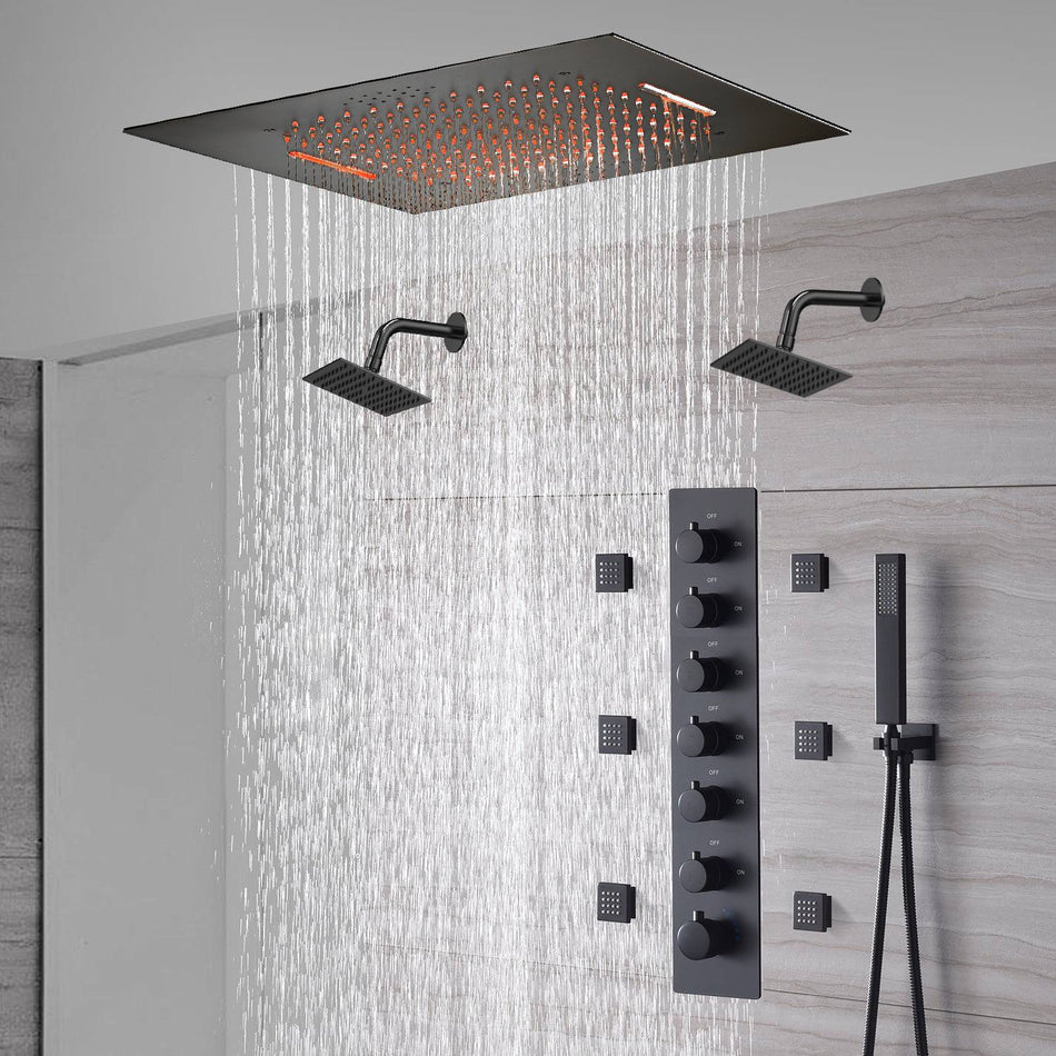 20-Inch or 24-Inch Matte Black Flush or Ceiling Mount Rainfall Waterfall Shower System: Complete with 6-Way Thermostatic Valve and 6 Body Jets and Dual Regular Head