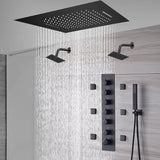 20-Inch or 24-Inch Matte Black Flush or Ceiling Mount Rainfall Waterfall Shower System: Complete with 6-Way Thermostatic Valve and 6 Body Jets and Dual Regular Head