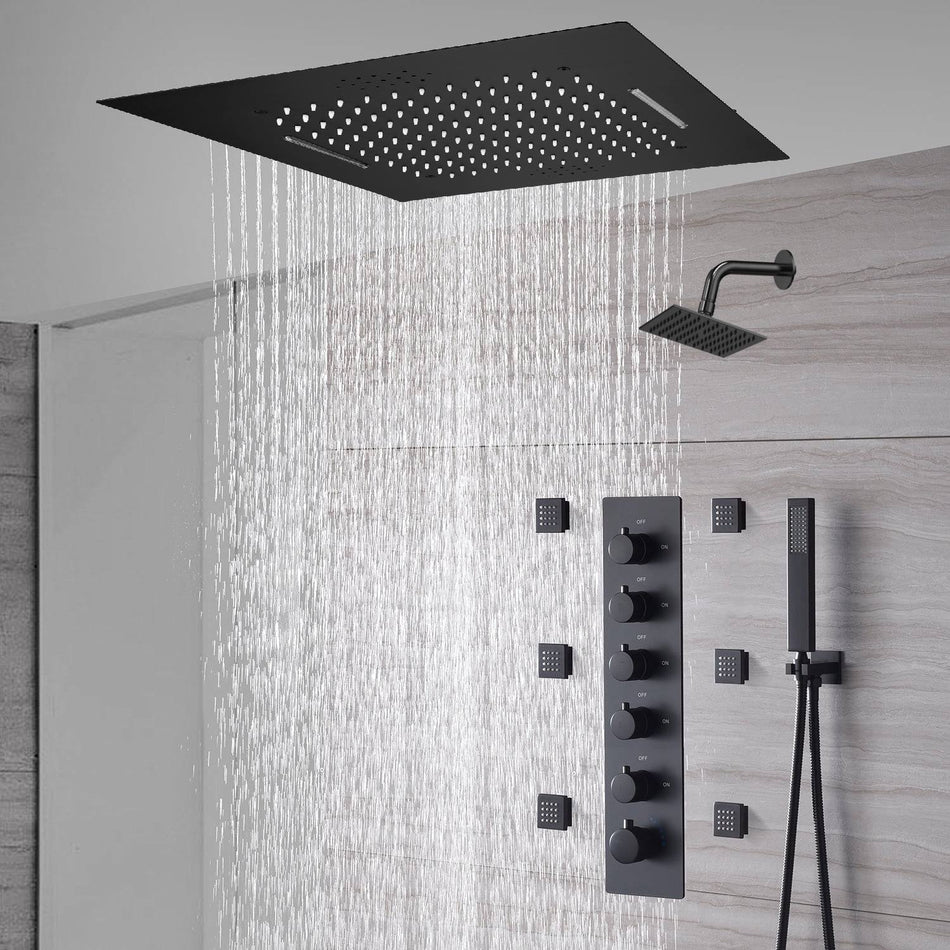 20-Inch or 24-Inch Matte Black Flush or Ceiling Mount Rainfall Waterfall Shower System: Complete with 5-Way Thermostatic Valve and 6 Body Jets and Regular Head