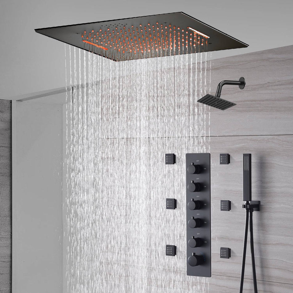 20-Inch or 24-Inch Matte Black Flush or Ceiling Mount Rainfall Waterfall Shower System: Complete with 5-Way Thermostatic Valve and 6 Body Jets and Regular Head
