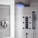 The Exquisite 22'' Matte Black 4-Way Thermostatic Shower Faucet with Waterfall, Rain Massage, Body Jet Spray, and Sliding Bar