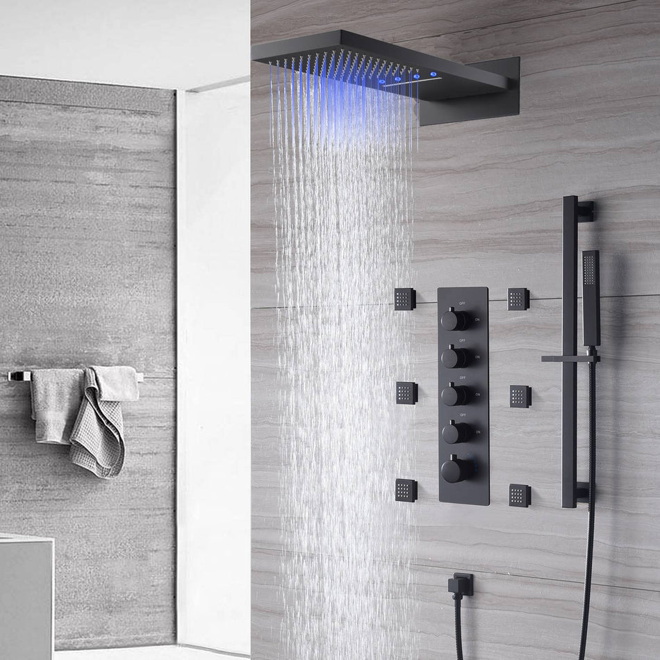 The Exquisite 22'' Matte Black 4-Way Thermostatic Shower Faucet with Waterfall, Rain Massage, Body Jet Spray, and Sliding Bar