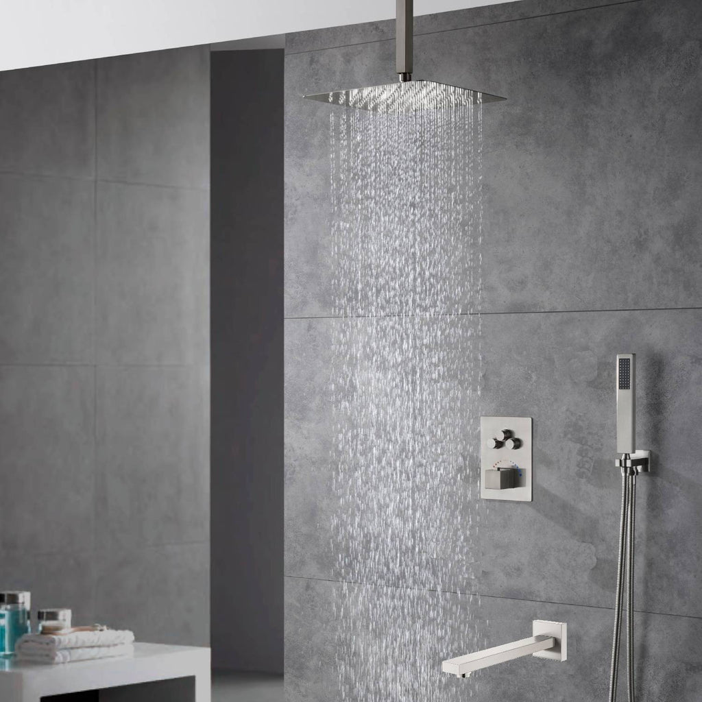 Brushed nickel Ceiling mount Brushed gold 3 way Thermostatic Shower valve system with tub spout that each function run all together and separately - wonderland shower inc