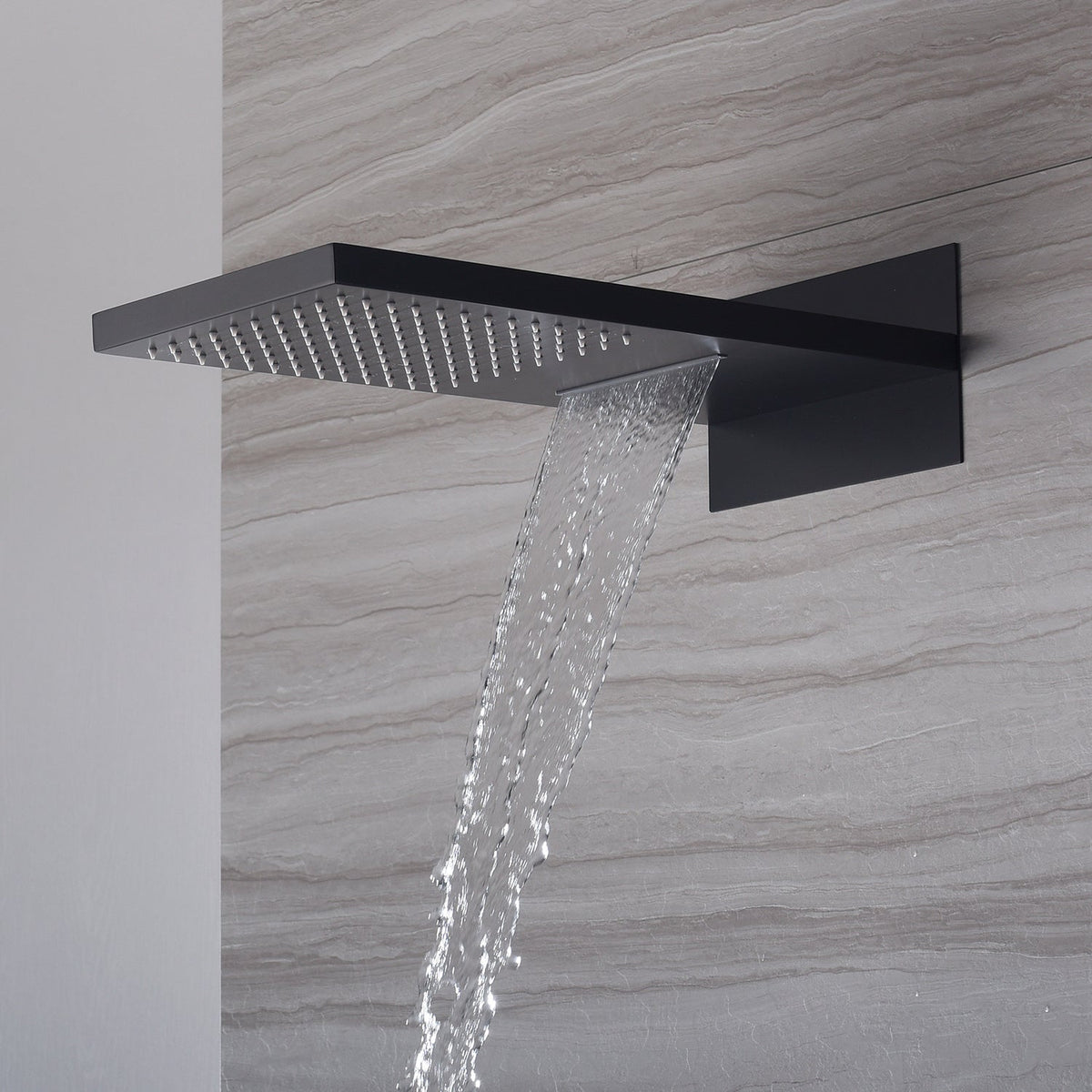 22-Inch Wall-Mount Matte Black Rainfall and Waterfall Shower Head with 3-Way Thermostatic Shower Faucet, Available with or without LED Light - wonderland shower inc