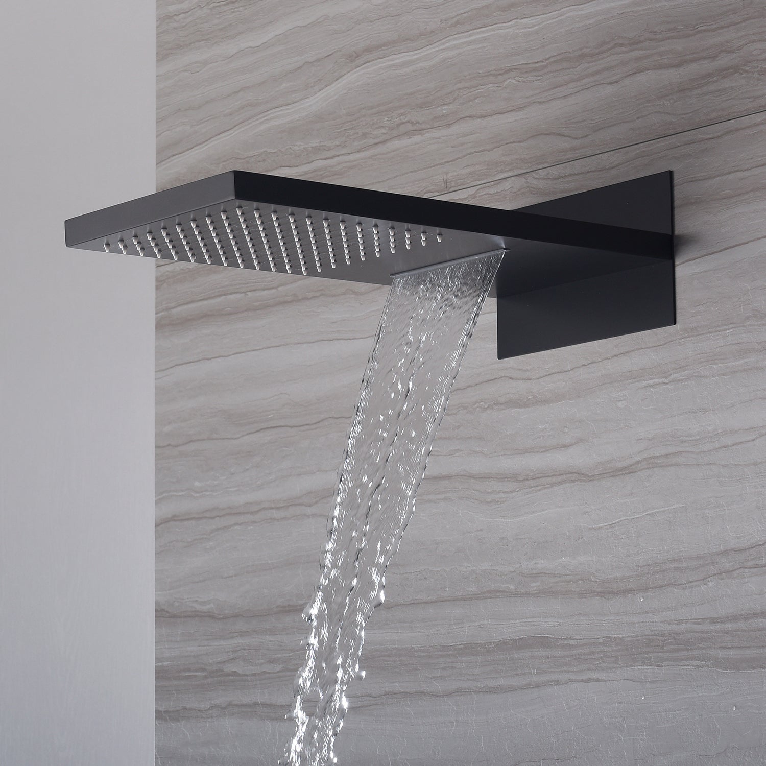 22-Inch Wall-Mount Matte Black Rainfall and Waterfall Shower Head with 3-Way Thermostatic Shower Faucet, Available with or without LED Light - wonderland shower inc