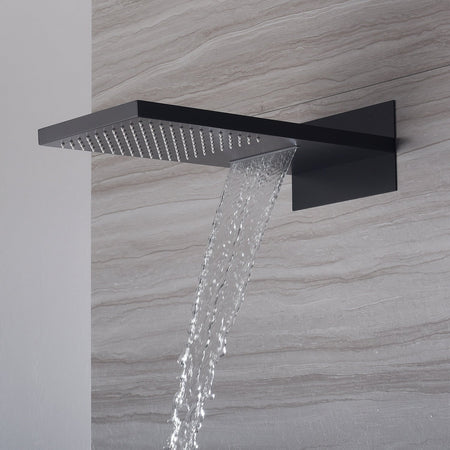 22-Inch Wall-Mount Matte Black Rainfall and Waterfall Shower Head with 3-Way Thermostatic Shower Faucet, Available with or without LED Light - wonderland shower inc