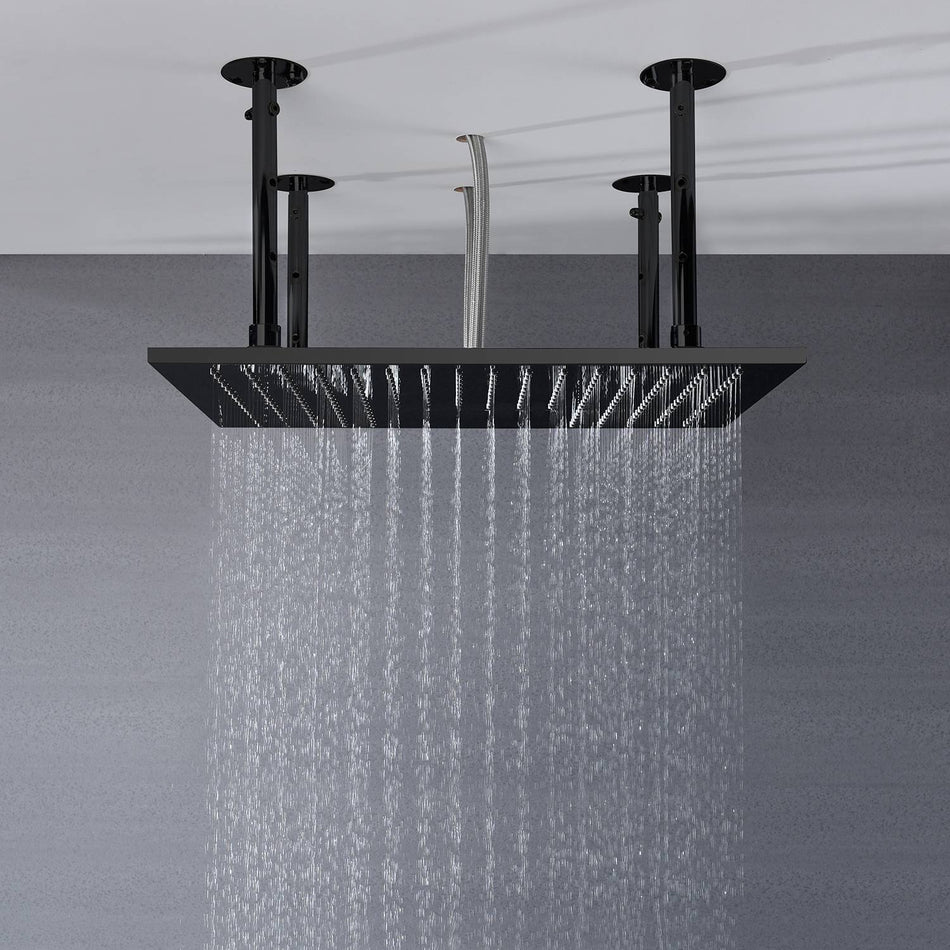 Matte Black 20-Inch or 24-Inch Ceiling Mount Rainfall Shower System with 3-Way Digital Regular Rough-In Valve and Wall Mount 6-Inch High Water Pressure Brass Shower Head