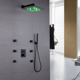 Matte Black 3-Way Thermostatic Shower System: 12'' or 16'' Rain Head, Optional LED, Simultaneous Function