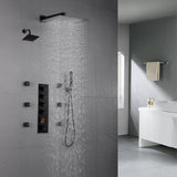 Matte Black Wall mount 12 inch or 16 inch rainfall shower head wall mount 6 inch high water pressure regular shower head 4 way thermostatic shower faucet with body jets