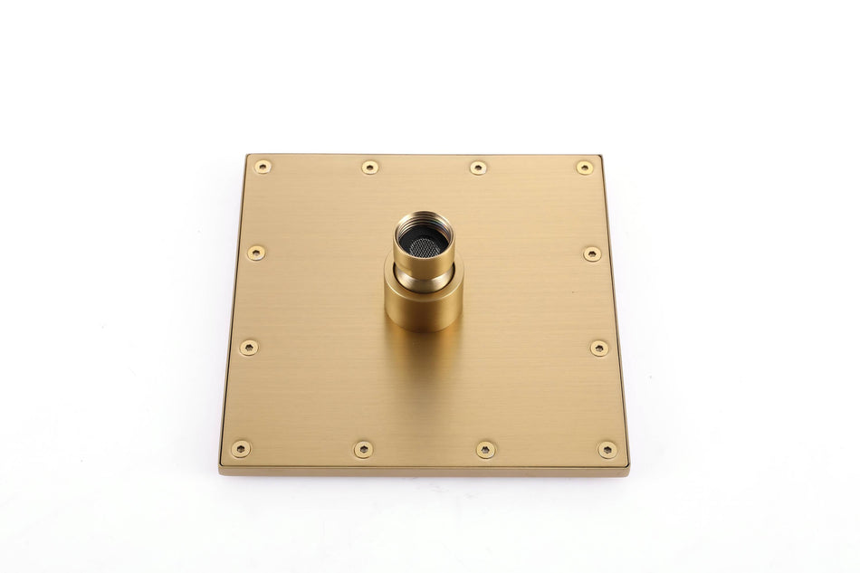 12-Inch or 16-Inch Brushed Gold Ceiling-Mount Rainfall Shower System with 3-Way Digital Regular Rough-In Valve and 6-Inch Wall-Mount High-Pressure Brass Shower Head