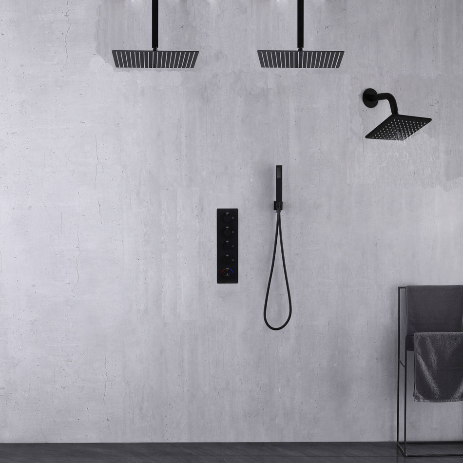 Ceiling Mounted Matte Black 4-Way Digital Thermostatic Shower Faucet with  6-Inch Regular Head, and Dual Rainheads 12-Inch or 16-Inch Size Options